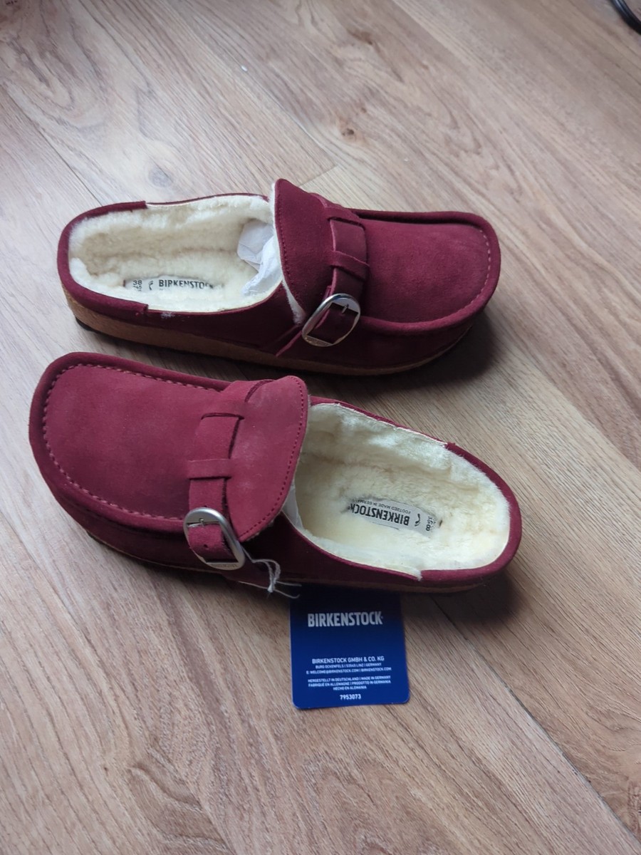 Birkenstock Buckley Shearling Maroon Red Suede Clogs Womens 7 EU