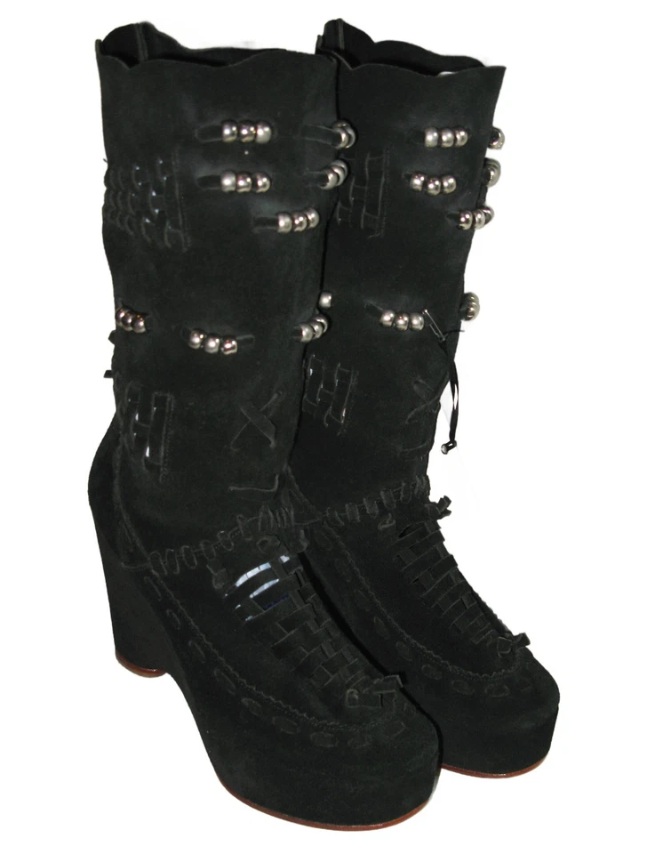NUEVAS Botas Boho Shakuhachi Negras Gamuza Plataforma Slouch Mujeres Talla 7 EUR 38-4 pulgadas Tacón Foto 3 de 4
