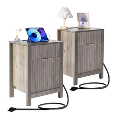 Uimoso Farmhouse End Table Square Night Stand with USB & Outlets Set of 2 Gray