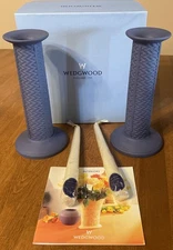 Pair of New 1999 Wedgwood Interiors Blue Jasperware 8” Candlesticks with Box