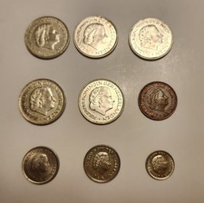 Lot of 9 Netherlands coins. 1 Gulden, 5 cent, 25 cent, 10 cent circulated