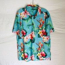 Bad Birdie Men's Size XL Performance Blue Tropical Floral Golf Polo Shirt
