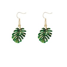 Green Enamel Fresh Monstera Leaf Earrings Tropical Palm Tree Dangle Earrings gr