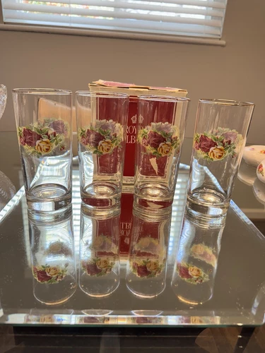 Royal Albert Old Country Roses Glass Tall Cooler Glasses Set 4 Vintage In Box