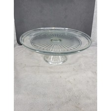 Vintage Clear Glass Ribbed Radial Pattern Cake Stand Pedestal Platter 12" x 5"