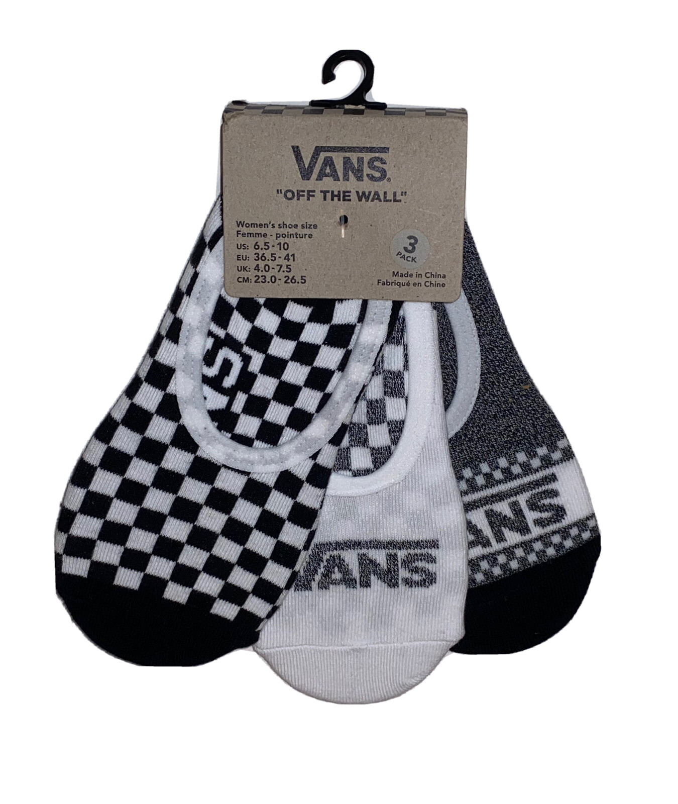 3 pares de calcetines Vans No Show para mujer 6,5-10 blancos negros grises con logotipo y comprobador