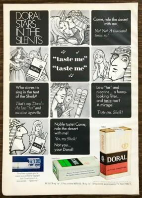 1972 Doral Cigarettes Print Ad Cartoon Silent Film Spoof Taste Me Taste Me
