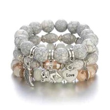 3Pc Elephant Charm Beaded Bracelet "LOVE" Stretch Bracelet Whites  Grays NEW