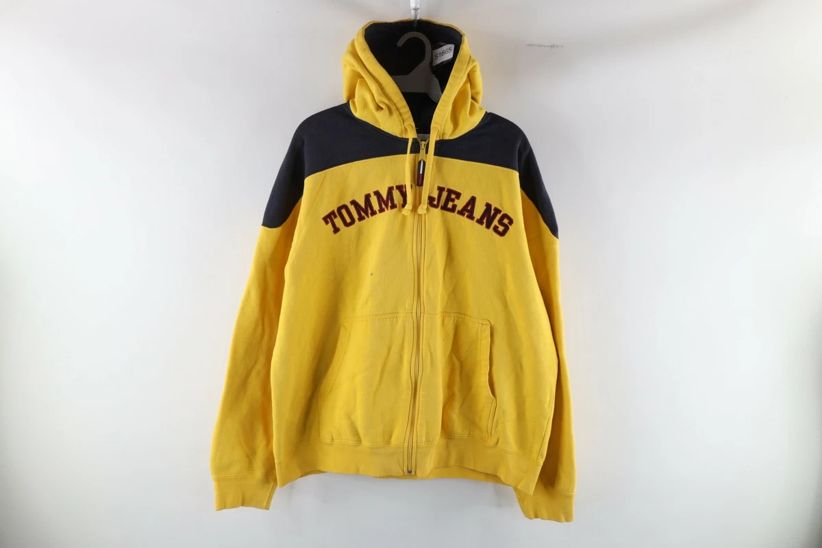Vtg 90s Tommy Hilfiger Mens Medium Distressed Spell Out Full Zip Hoodie  Yellow | eBay