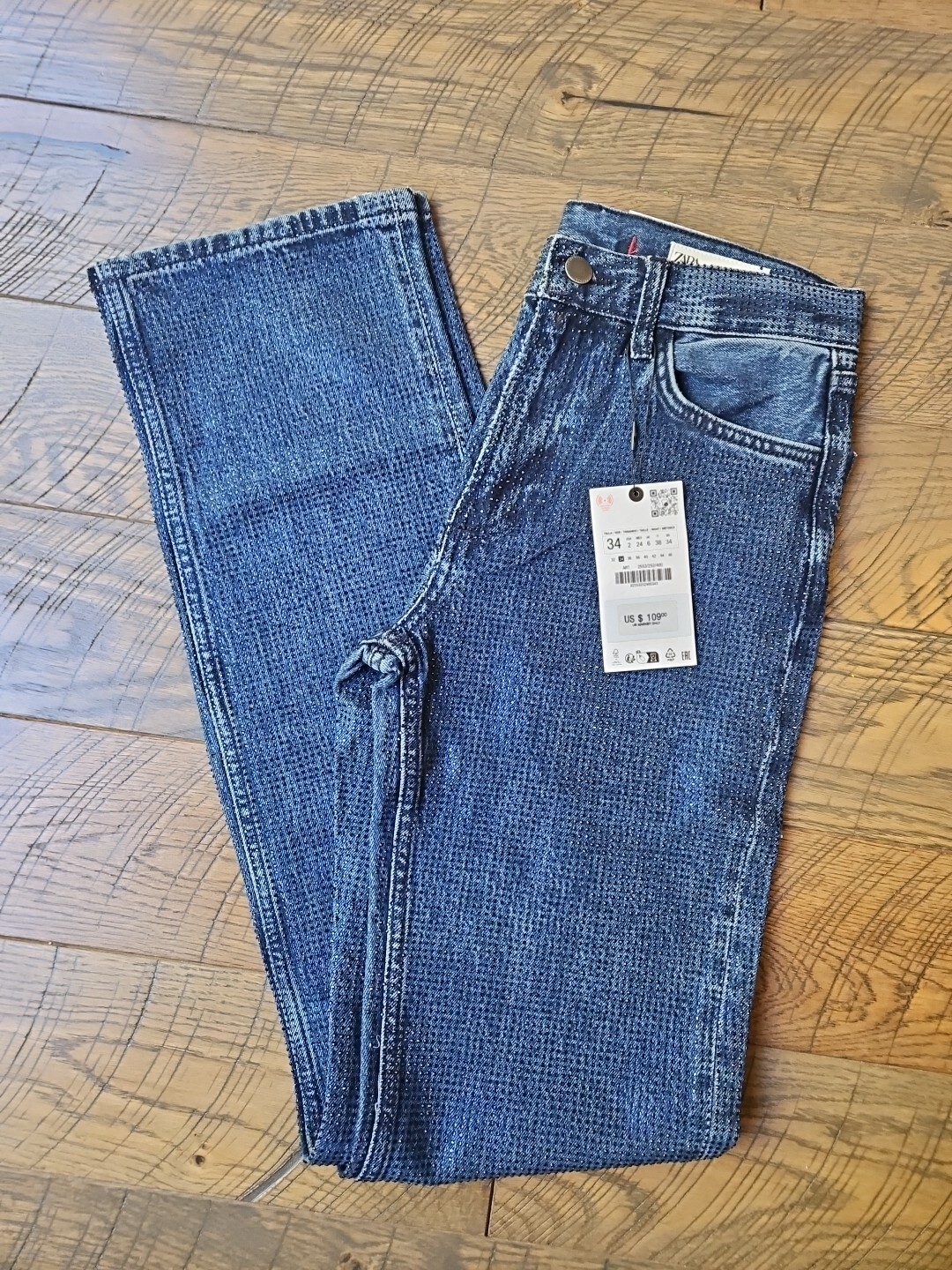 $109 Zara ZW Sz 2 Bootcut High Waist Rhinestone Sparkly Jeans Blue 2449/252 SS24 image 3