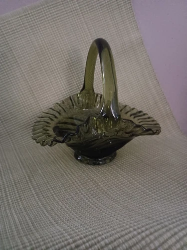 Vtg. Fenton Olive Green Pressed Glass Basket, applied handle, Crimped Edge,...