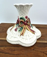 Fitz and Floyd Painted Porcelain Christmas Candlestick Holder with Ribbon Bow