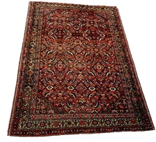 Antique 1875-90 Farahan Rug, 4' X 6’2, Rust Red, Pistachio Green, Sky blue