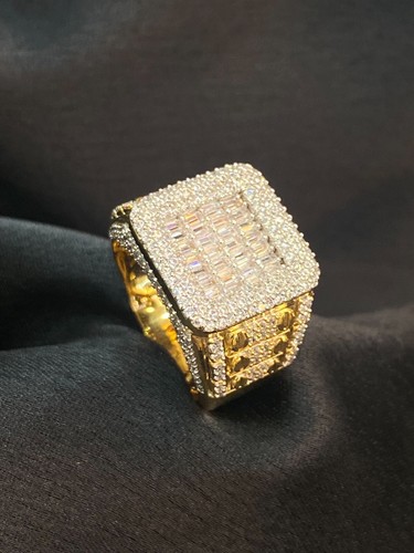 Pave 3.62 Cts Round Baguette Cut Diamonds Iced Out Men's Ring In 14K Yellow Gold - Picture 6 of 12