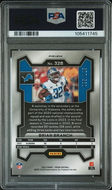 BRIAN BRANCH SIGNED 2023 PURPLE PRIZM #328 Rookie PSA 10 AUTO 10 /125 - Image 2 of 2