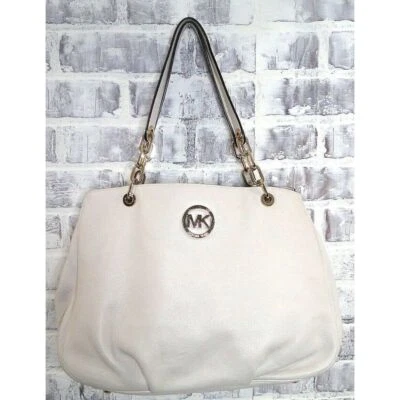 Michael Kors Women's Fulton Leather Vanilla White Gold Chain Hand Bag Purse - Photo 1/4