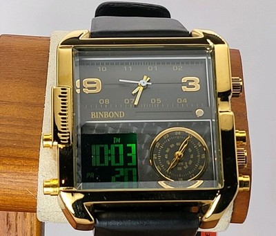 BINBOND Gold Tone Men's Multi Time Quartz Digital And Analog 42mm Watch Lot 66