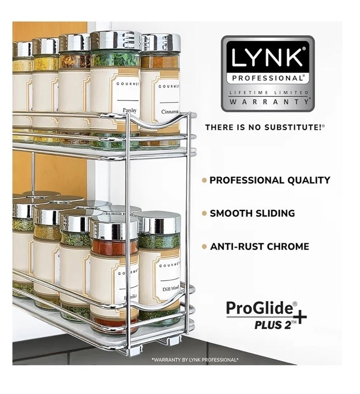 LYNK Pull Out Spice Rack Organizer For Cabinet. Sliding Two Tier Chrome.