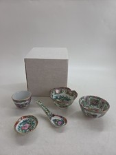 Chinese Export Rose Medallion Pattern Porcelain Soup Bowls Spoon Cup And Rest