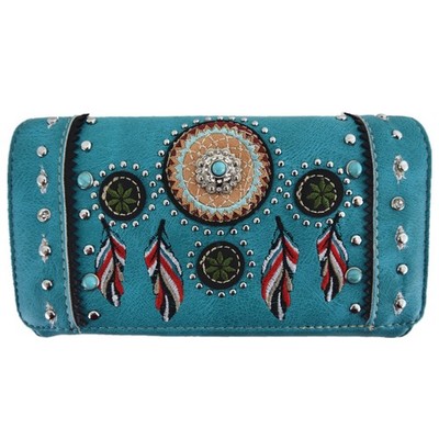 Dream Catcher Feathers Crossbody Wallet Western Women Wristlet Trifold Clutch