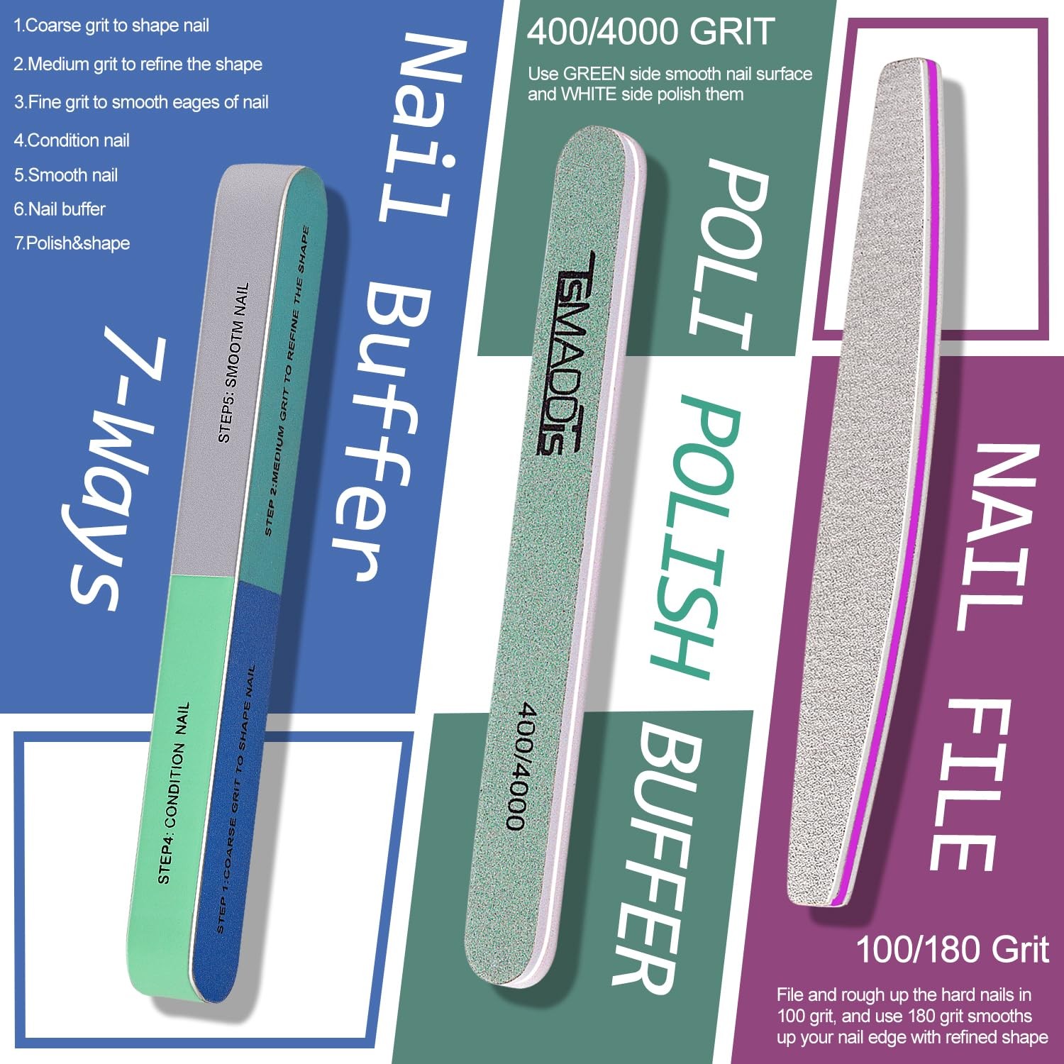 TsMADDTs Cuticle Pusher Nail File Kit, Nail Buffers and Files with 3 Files, 2...