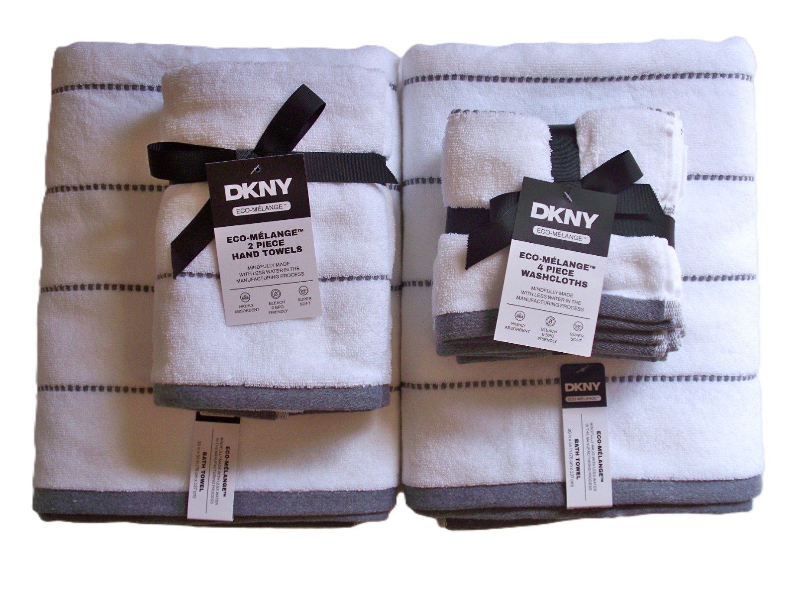 New DKNY Eco Melange 8 Pc Towel Set 2 Bath 2 Hand 4 Wash White w/Gray Dot Stripe