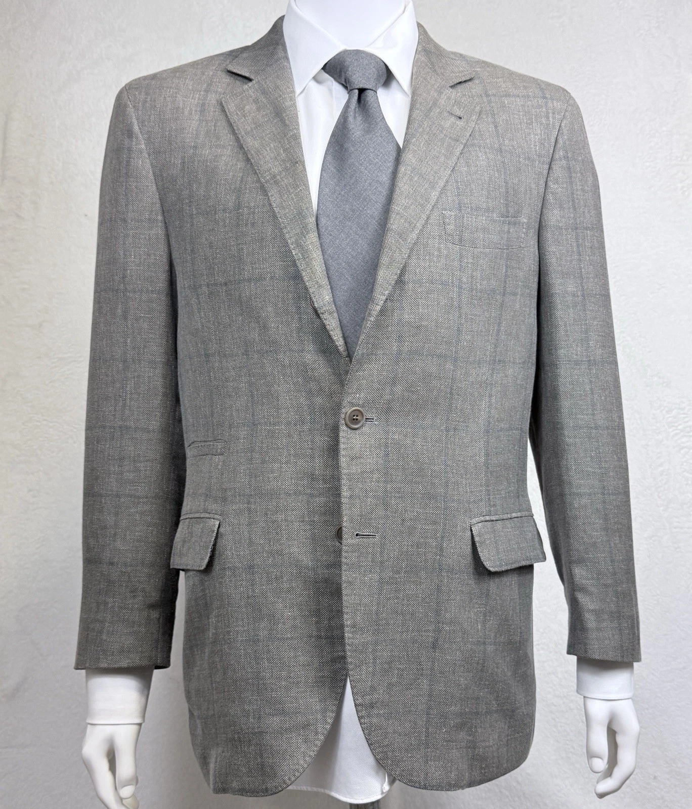 Brunello Cucinelli — BRUNELLO CUCINELLI Sport Coat Linen, Wool, Silk Gray Windowpane 54IT 44US EUC