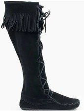 Minnetonka Front Lace Knee High Boots Moccasins Black Suede Leather Women  s 7