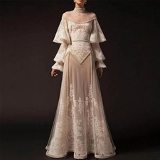 Off-Shoulder Formal Prom Dress Long Ruffles Lace Appliques Wedding Party Gowns