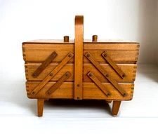 Vintage Accordion Style 3 Level Mid-Century Wooden Sewing Box