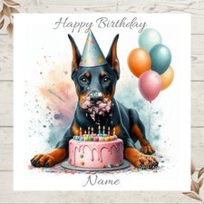 Personalised Doberman Dog Eating Birthday Cake Greeting Card any name/relation