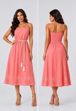 Women’s Pink Solid Square Neck Spaghetti Strap Smocked Midi Dress Tassel Belt