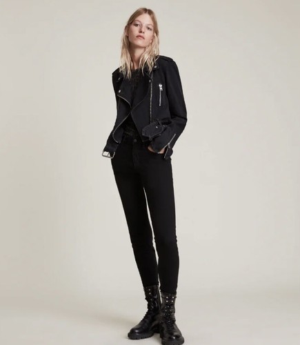 All Saints Balfern Cropped Denim Biker Jacket Black Stretchy US 4/UK 8 $309 - Picture 4 of 11