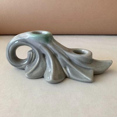 1950s Candle Holder (Double) Art Pottery - Deco  Dripware - Ceramic Blue-Gray