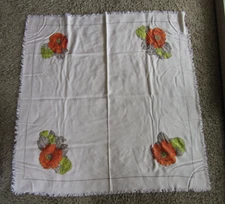 Vintage Appliqued Floral Cotton Linen Table Cloth Card Table Size Beige Fringed