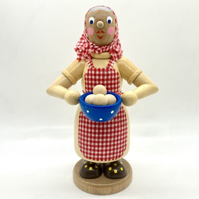 Erzgebirge Smoker Woman w Bowl Bread Red Check Apron Wood Germany Oma Baker