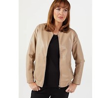 Frank Usher Faux Leather Zip Up Bomber Jacket W Printed Turn Back Cuff Stone S