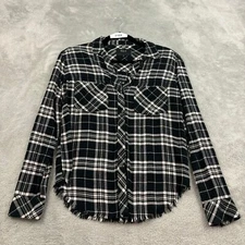Rails Leo Button Up Shirt Womens XS Black Pink Plaid Flannel Raw Hem Pearl Snap