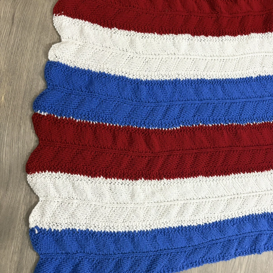 Handmade Crochet Afghan Throw Blanket Red White Blue Striped Scalloped USA 54x33 - Image 2 of 4