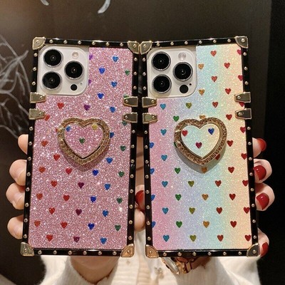For Samsung S24 S23 S21 Ultra S20 FE Note10 Glitter Bling Heart Ring Square Case