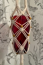 Macrame Plant Holder Hanger with Red Vase Wood Beads and Tassel, 34”