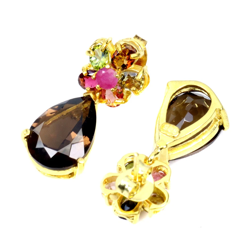 Pendientes de plata de ley 925 pera cuarzo ahumado 14x10 mm rubí turmalina piedras preciosas Foto 3 de 4