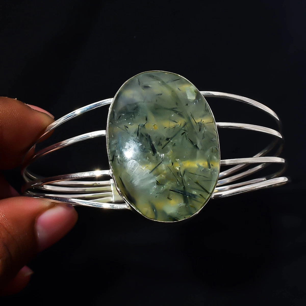 Moss Prehnite Gemstone 925 Sterling Silver Handmade Bangle Jewelry Gift For