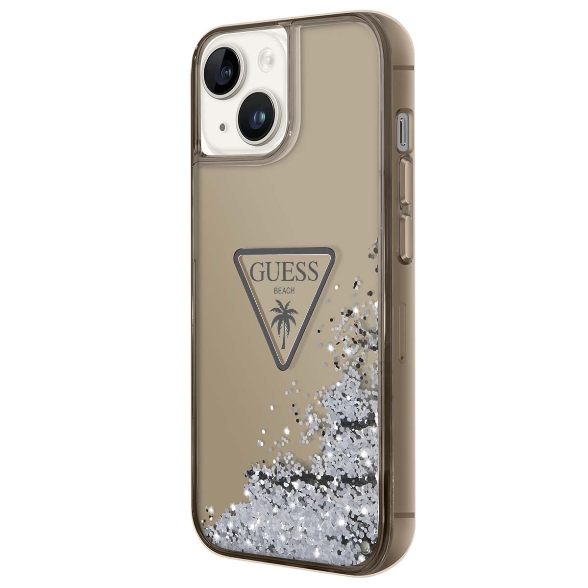 Coque premium Guess Glitter Palm pour iPhone 14 finition Or