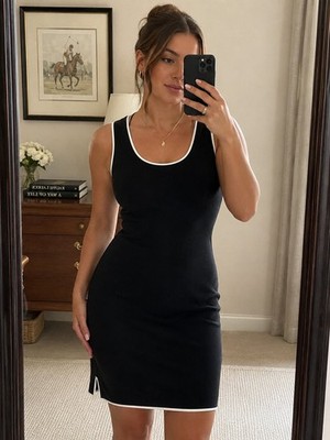 BCBGMAXAZRIA Black Contrast Trim Knit Midi Dress Minimalist Quiet Luxury M