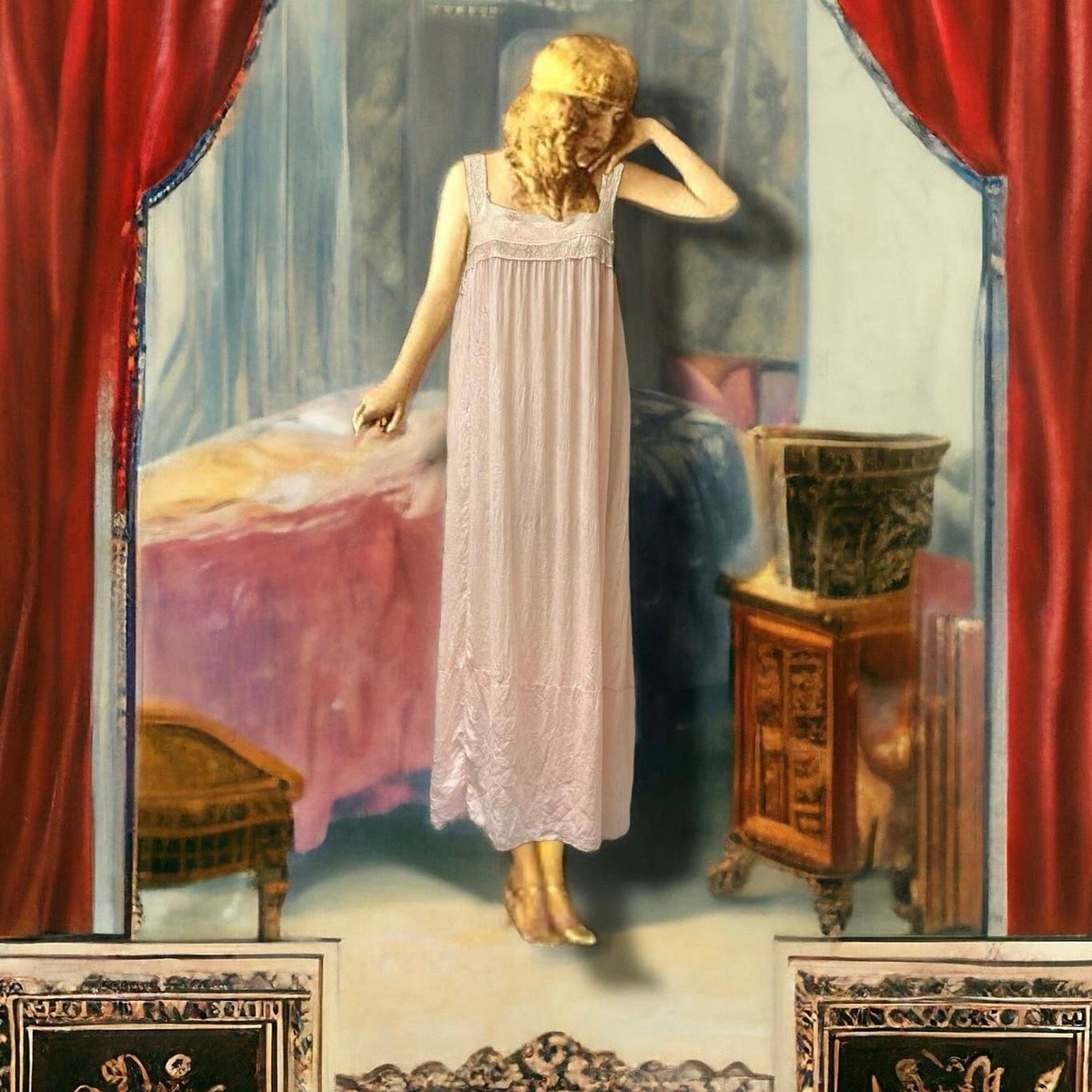 deco Gossamer Silk & Lace Pink Flapper Slip 1920's Sheer Art Deco