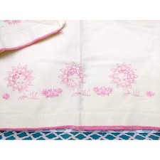 50s Embroidered Flower Faces Nursery Baby Crib Sheet  Pillowcase Set Pink White