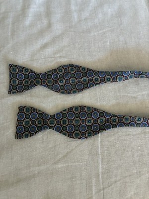 Vintage Altea Milano Burgundy Green Blue Geometric Pattern Silk Bow Tie Italy