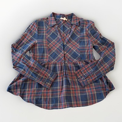 Hem & Thread Flowy Plaid V-Neck Blouse | Blue & Red | Size M