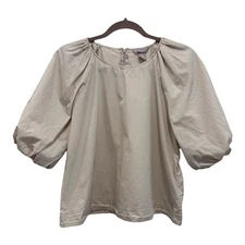 HM Top Women Large Beige Balloon Puff Sleeve Blouse Zip Up Minimalist Office